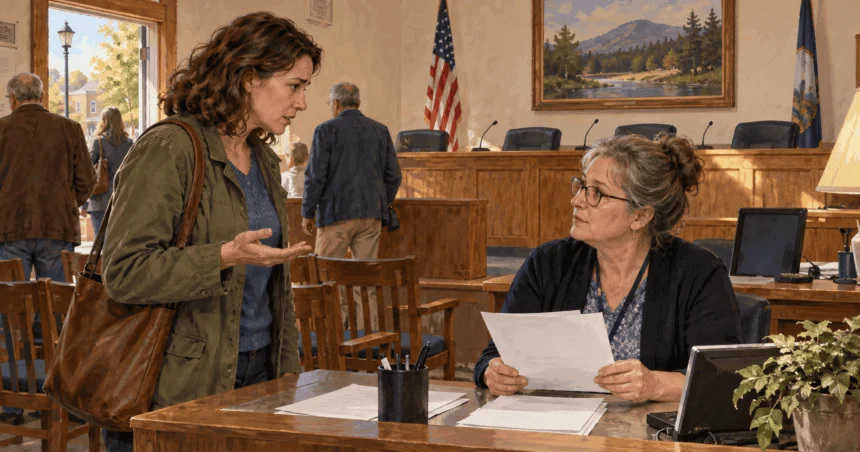 Conceptual painting of resident asks a city clerk about a blank agenda after a small town council meeting.