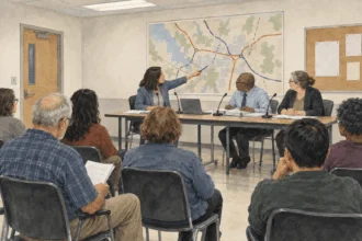 Watercolor illustration of a public planning meeting, with three speakers, a regional map and residents seated in audience chairs.