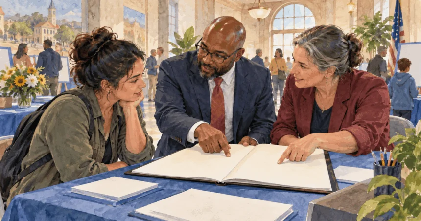 Conceptual painting of a resident discussing a city charter with local officials.