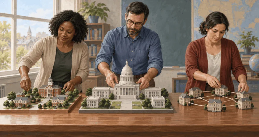 Conceptual painting of educators comparing three government models.