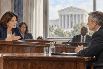 Conceptual painting of congressional oversight of a federal official with a courthouse in the distance.