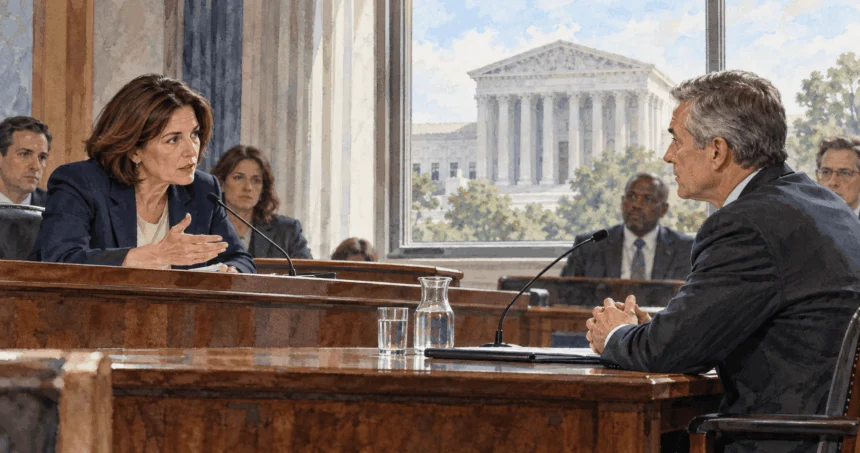 Conceptual painting of congressional oversight of a federal official with a courthouse in the distance.