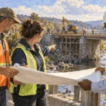 Conceptual watercolor painting of officials from different levels of government inspect a bridge repair.