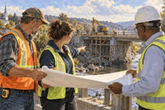 Conceptual watercolor painting of officials from different levels of government inspect a bridge repair.