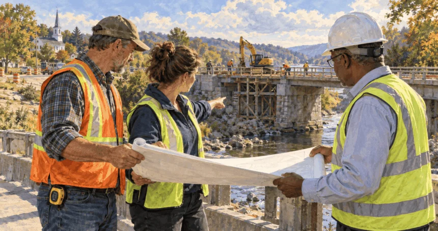 Conceptual watercolor painting of officials from different levels of government inspect a bridge repair.