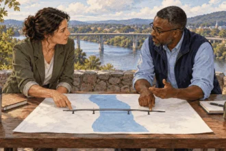 Conceptual painting of two public planners discussing an unlabelled bridge diagram beside a river crossing.