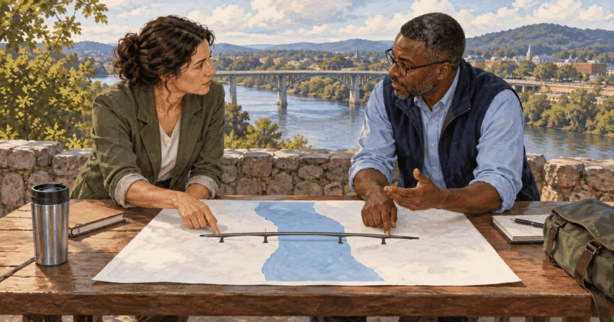 Conceptual painting of two public planners discussing an unlabelled bridge diagram beside a river crossing.