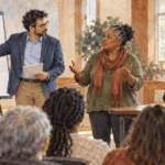 Conceptual painting of a policy discussion weighing evidence and community concerns.
