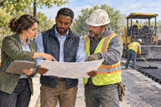 Public works staff coordinate street repairs from plan to on-site work.