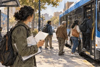 Conceptual painting of a transit planner observing a bus stop while holding an unmarked route sketch.