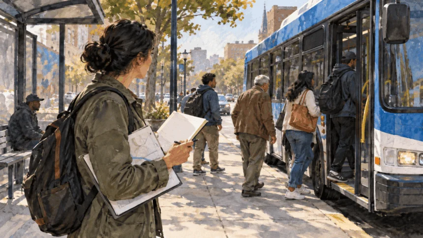Conceptual painting of a transit planner observing a bus stop while holding an unmarked route sketch.