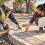 Conceptual painting of a city crew and resident inspecting an in-progress curb ramp.