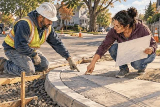Conceptual painting of a city crew and resident inspecting an in-progress curb ramp.