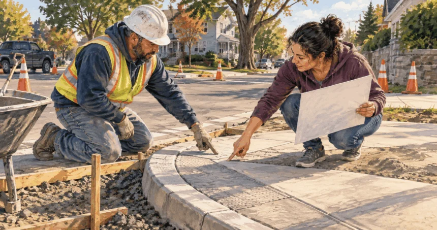 Conceptual painting of a city crew and resident inspecting an in-progress curb ramp.