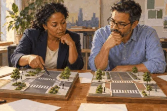 Conceptual painting of local officials comparing two street-design models.