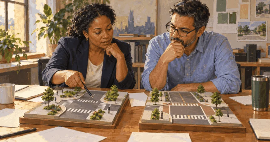Conceptual painting of local officials comparing two street-design models.