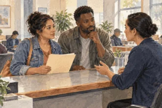 Conceptual painting of two residents asking about government programs at a community service desk.