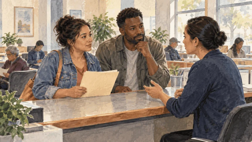 Conceptual painting of two residents asking about government programs at a community service desk.