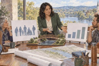 Conceptual watercolor painting of planners compare people and resource considerations.