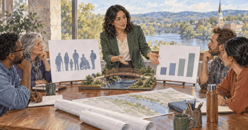 Conceptual watercolor painting of planners compare people and resource considerations.