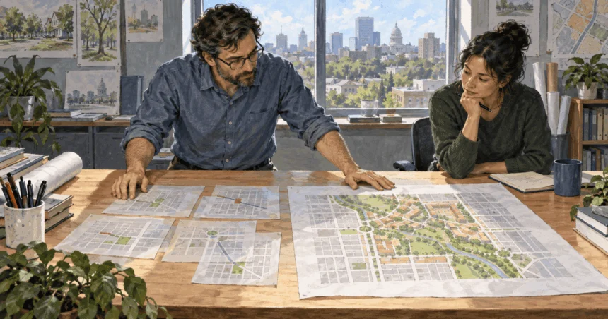 Conceptual painting of planners comparing small neighborhood map revisions with a broad redesign.