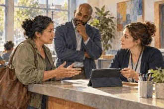 Conceptual watercolor of a resident speaking with a frontline public worker and policy advocate.