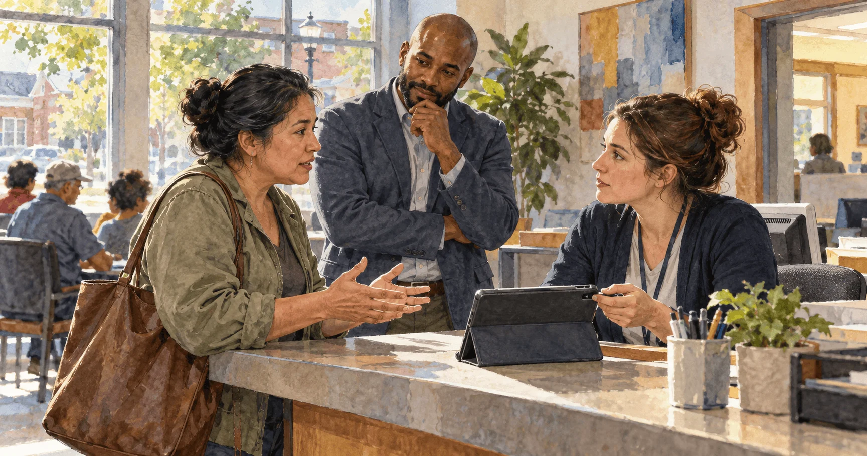 Conceptual watercolor of a resident speaking with a frontline public worker and policy advocate.