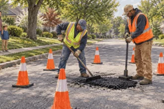 Conceptual watercolor painting of road crew repairing a pothole inside a safe work zone.