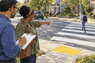 Conceptual painting of a city evaluator and resident observing a pedestrian crossing.
