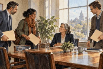 Conceptual painting of varied participants entering a policy discussion.