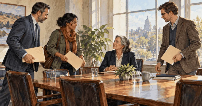 Conceptual painting of varied participants entering a policy discussion.