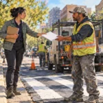 Conceptual painting of a planner and street crew preparing to carry out a public works plan.