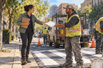 Conceptual painting of a planner and street crew preparing to carry out a public works plan.