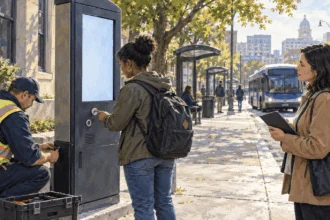 A transit worker tests a bus-stop kiosk while a rider and evaluator watch.