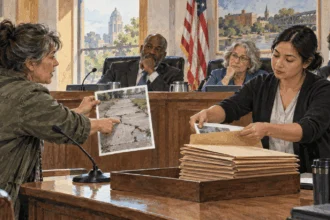 Conceptual painting of a resident presenting a cracked-sidewalk photograph at a council work session.