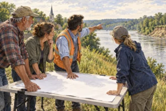 Conceptual painting of planners and residents considering recurring high water by a river.