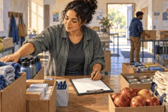 Painted illustration of a community-program worker organizing supplies while checking a planning sheet.