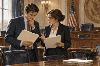 Conceptual painting of Two congressional staffers confer over blank folders in a quiet committee room before a war-powers discussion.