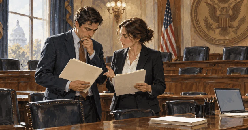 Conceptual painting of Two congressional staffers confer over blank folders in a quiet committee room before a war-powers discussion.