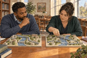 Conceptual painting of two state analysts comparing and adapting transit models.