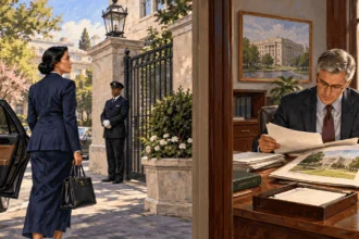 Painted illustration contrasting an arriving diplomat at an official gate with a legal adviser examining government papers.
