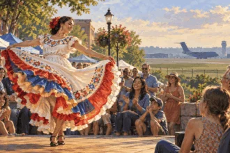 Painted illustration of a cultural performance near an airfield, contrasting cultural influence with military force.