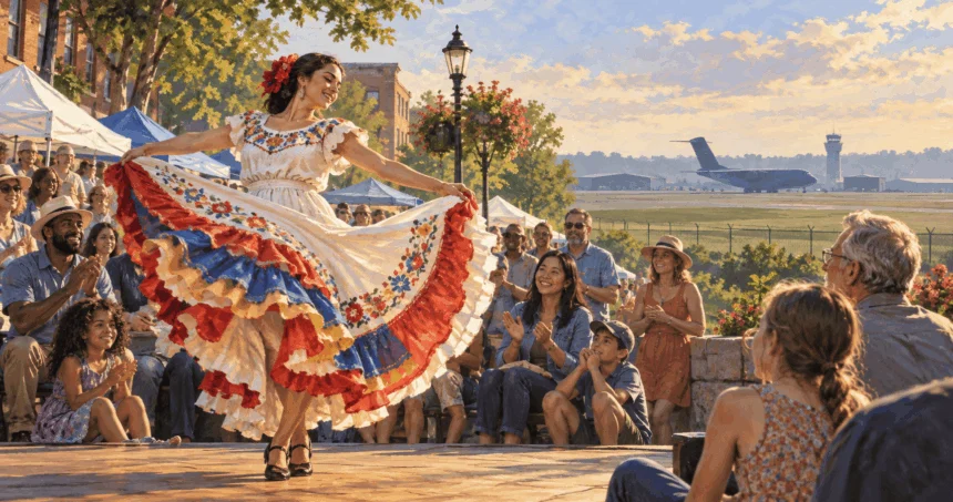 Painted illustration of a cultural performance near an airfield, contrasting cultural influence with military force.
