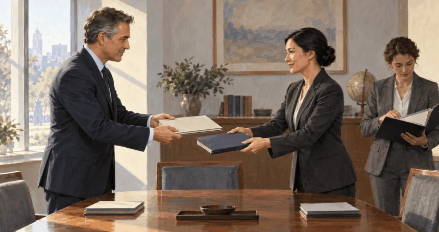 Conceptual painting of diplomats exchanging draft international agreements.
