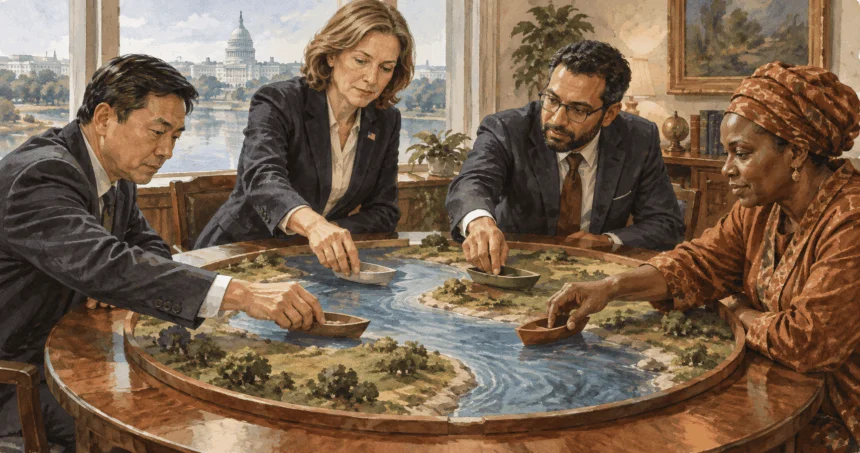 Conceptual painting of diplomats collaborating around a model of a shared river.