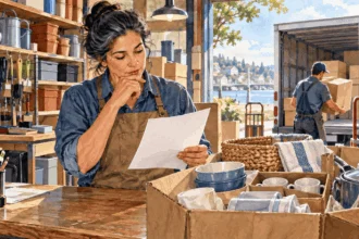 Conceptual painting of a store owner reviewing an incoming shipment and invoice.