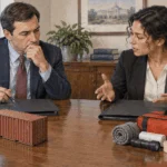 Conceptual painting of diplomat and trade adviser sort two unmarked folders across a conference table before an international meeting.