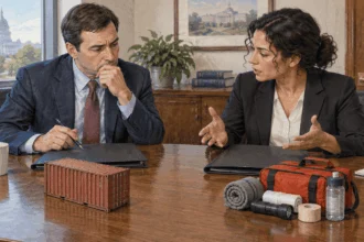 Conceptual painting of diplomat and trade adviser sort two unmarked folders across a conference table before an international meeting.