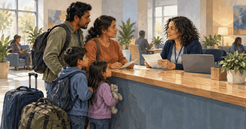 Painted illustration of a family speaking with a helper at a public-service counter.