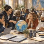 Delegates discuss a globe at an international meeting.